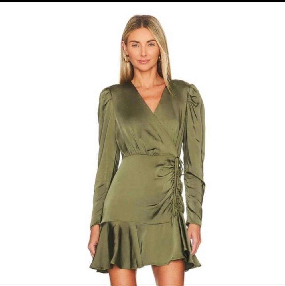 Steve Madden Olive Green Satin Wrap Mini Dress